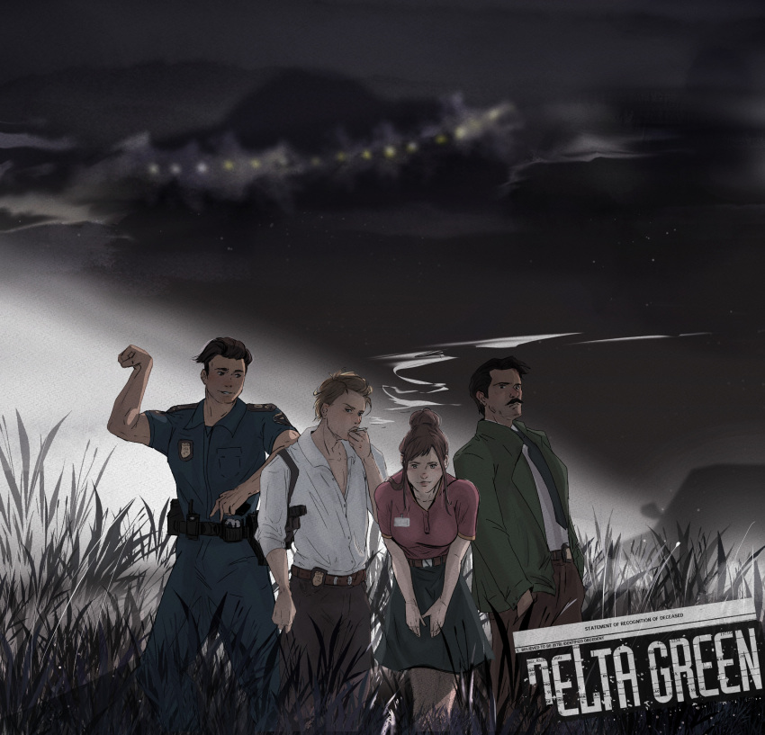 call_of_cthulhu, delta_green, facial_hair, grass, gun, highres, holster, id_card