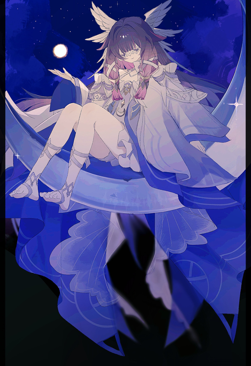 1girl, absurdres, bare_shoulders, black_hair, closed_eyes, closed_mouth, columbina_(genshin_impact), dress, genshin_impact, hair_ornament, highres, long_hair, long_sleeves, multicolored_hair, mumee_i, smile, white_dress