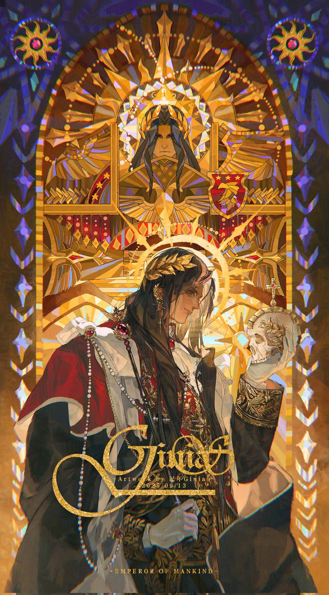 1boy, aquila_(symbol), armlet, armor, black_hair, eagle_head_(ornament), earrings, emperor_of_mankind