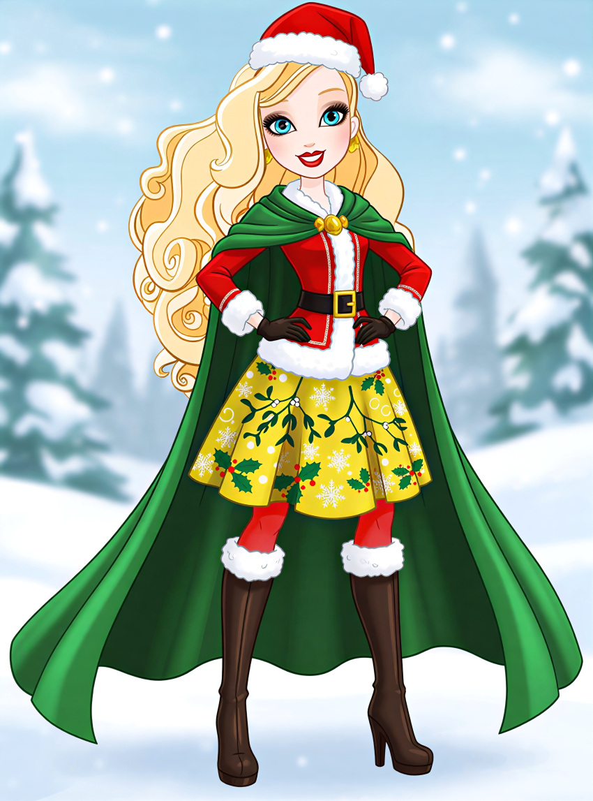 absurdres, apple_white, boots, cape, ever_after_high, highres, knee_boots, mattel, non-web_source, santa_costume