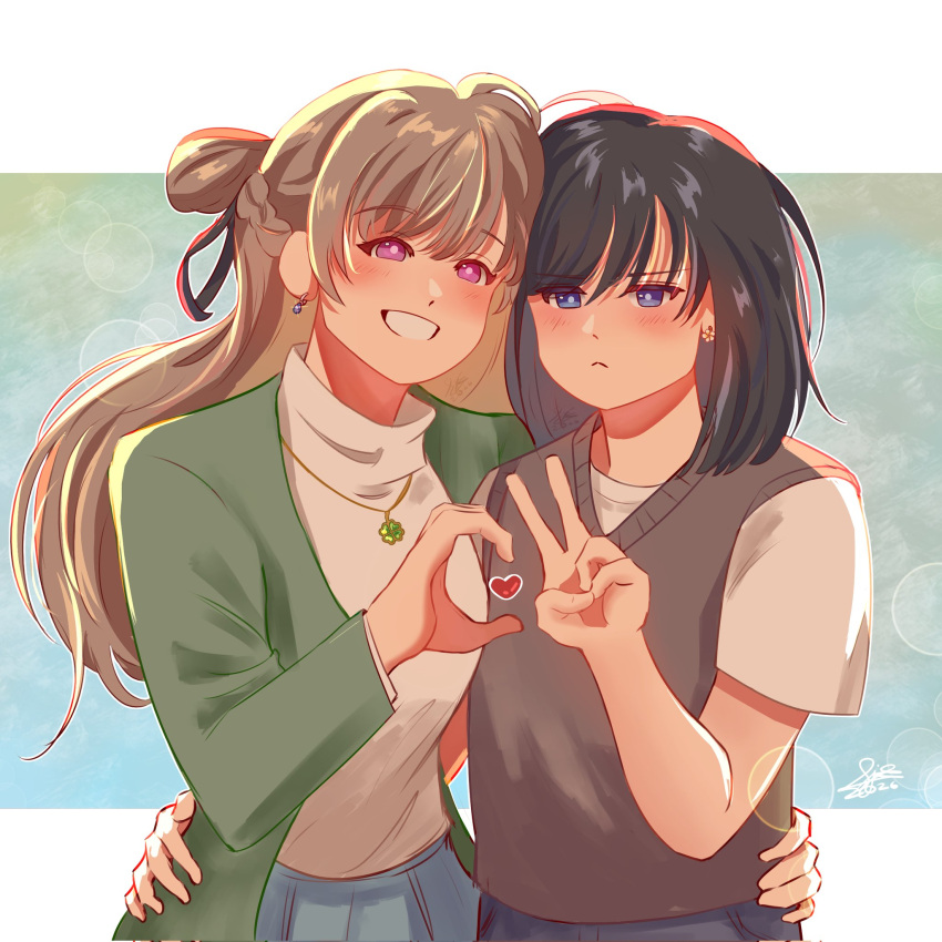 2girls, black_hair, blue_eyes, braid, brown_hair, cardigan, commentary, earrings