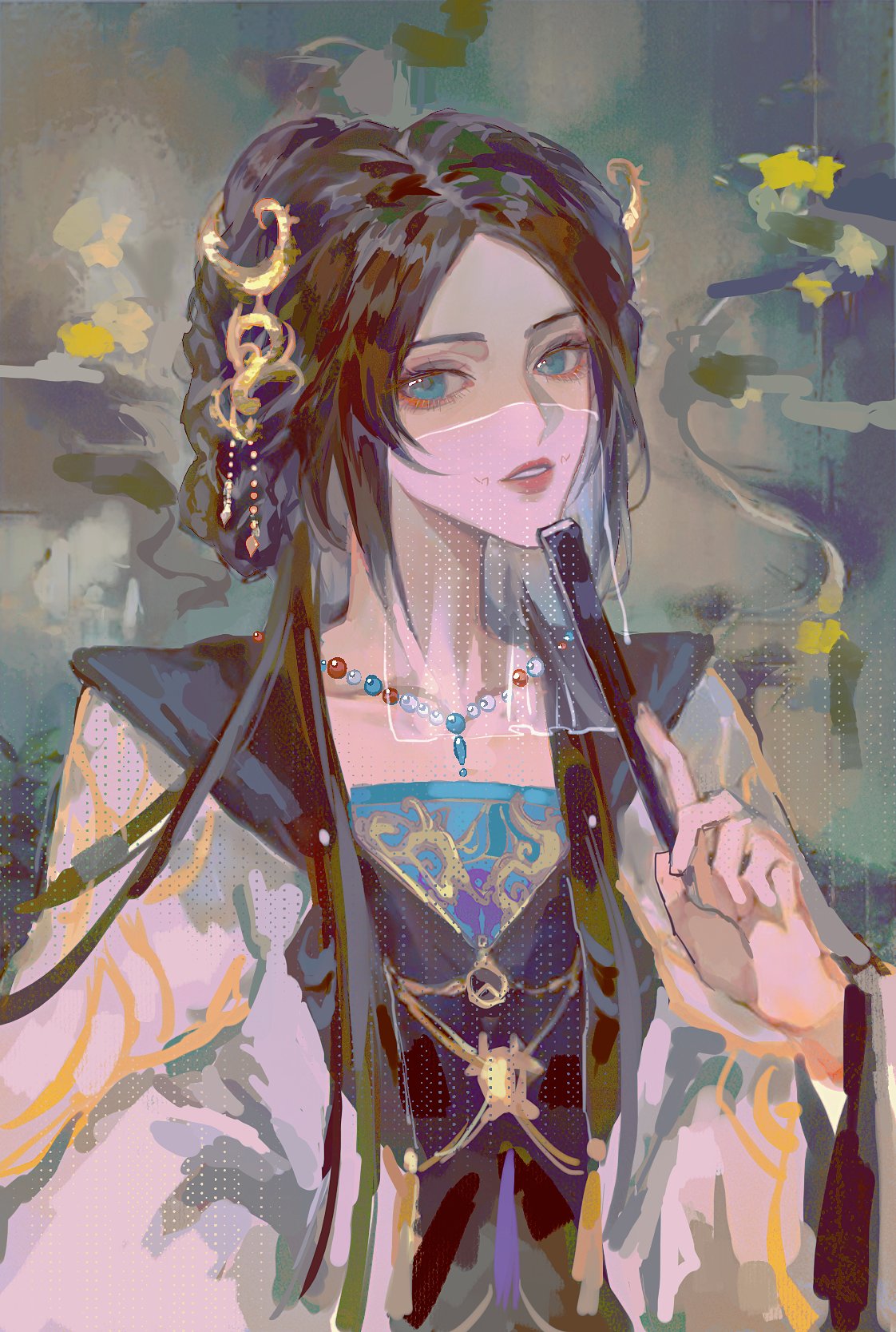 1girl, glowtoast, hand_fan, hashtag-only_commentary, highres, holding, holding_fan, looking_at_viewer, mouth_veil, parted_lips, path_to_nowhere, solo, upper_body, veil, yugu_(path_to_nowhere)