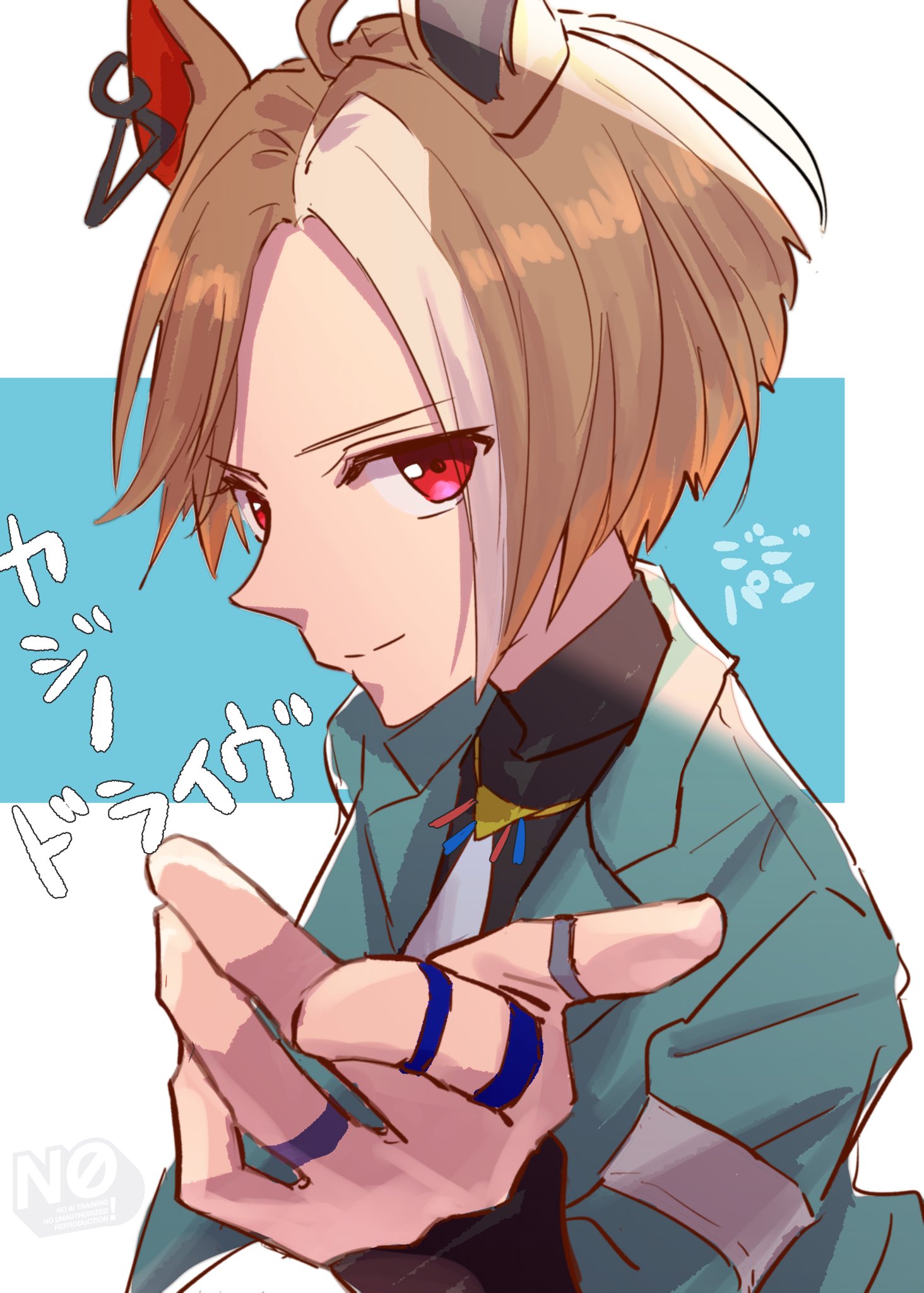 animal_ears, armband, black_shirt, brown_hair, casino_drive_(umamusume), commentary_request, ear_ornament, eyes_visible_through_hair