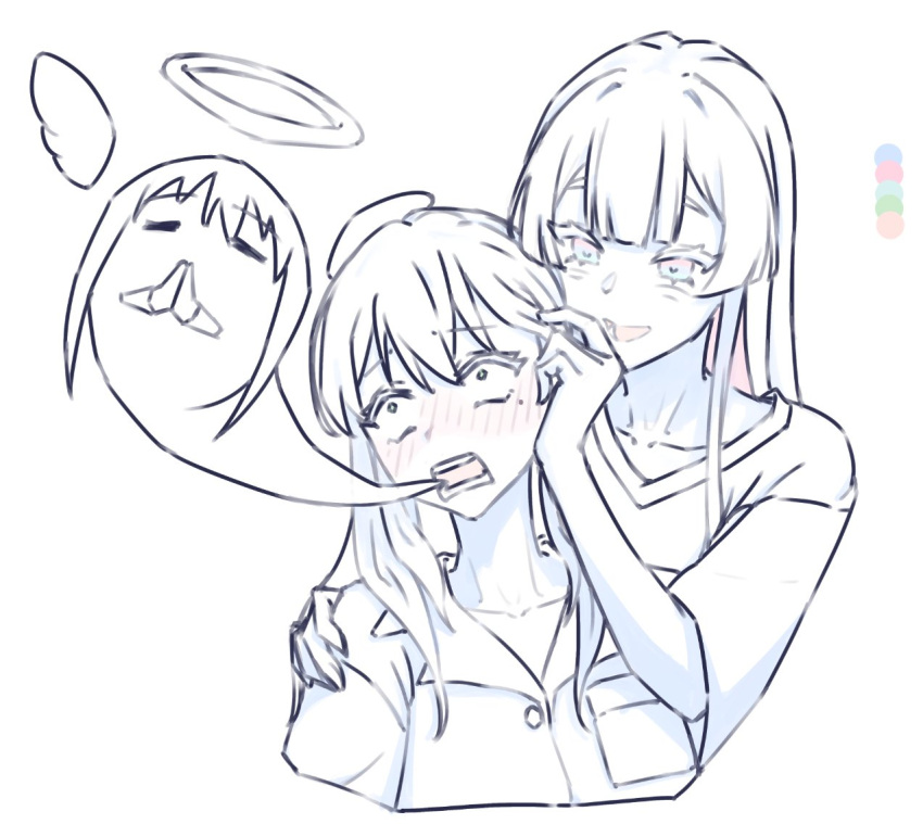2girls, angel, blush, cho_kaguya-hime!, commentary_request, greyscale, halo, hand_on_another's_shoulder, long_hair, mole, mole_under_eye, monochrome, multiple_girls, open_mouth, runami_yachiyo, sakayori_iroha, shirt, smile, spot_color, tafnutou, yuri