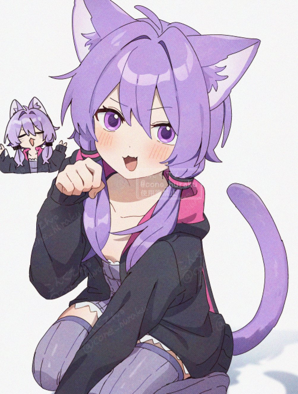 1girl, :3, :d, ahoge, animal_ear_fluff, animal_ears, arm_between_legs, artist_name, black_hoodie, blush, cat_ears, cat_girl, cat_tail, chibi, collarbone, commentary, corn_kuten, dot_nose, double-parted_bangs, dress, fang, feet_out_of_frame, from_above, hair_between_eyes, hair_intakes, hand_up, highres, hood, hood_down, hoodie, kemonomimi_mode, long_sleeves, looking_at_viewer, multiple_views, open_clothes, open_hoodie, open_mouth, purple_dress, purple_hair, short_hair_with_long_locks, simple_background, single_paw_pose, skin_fang, smile, squatting, tail, twitter_username, violet_eyes, vocaloid, voiceroid, watermark, white_background, yuzuki_yukari, zettai_ryouiki