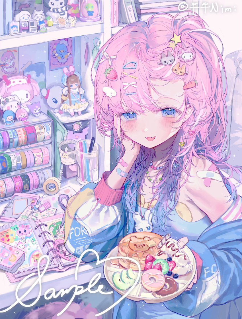 1girl, absurdres, apple, apple_slice, arm_support, armpit_crease, banbanimi, bandaid, bandaid_on_arm, bandaid_on_wrist, bead_necklace, beads, blue_eyes, blue_jacket, blue_shirt, blush, book, bow, cameo, carrot_hair_ornament, chiikawa, chiikawa_(character), chinese_commentary, cinnamoroll, commentary_request, commission, desk, doughnut, fangs, food, food-themed_hair_ornament, fruit, hachiware_(chiikawa), hair_bow, hair_ornament, hair_pulled_back, hairclip, heisei, heisei_retro, highres, holding, holding_plate, ice_cream, jacket, jacket_partially_removed, jewelry, kiki_(little_twin_stars), korilakkuma, kuromi, lala_(little_twin_stars), licca-chan, licca-chan_(franchise), little_twin_stars, long_hair, looking_at_viewer, my_melody_(series), my_sweet_piano, necklace, notebook, open_book, open_mouth, original, pancake, pen, pink_hair, plate, rilakkuma, sample_watermark, san-x, sanrio, scissors, scrapbook, shelf, shirt, skin_fangs, solo, strawberry_hair_ornament, upper_body, washi_tape_(object), watermark