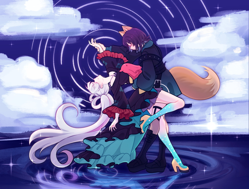 2girls, absurdres, animal_ears, black_boots, blue_hoodie, blue_nails, blue_skin, boots