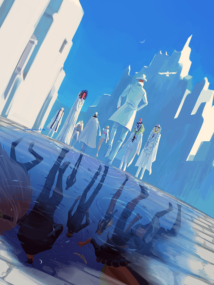 2girls, 6+boys, absurdres, back, beard, black_gloves, black_hair, black_hat, black_jacket, blue_sky, blue_theme, blueno, cape, coat, coat_on_shoulders, commentary_request, crossed_arms, facial_hair, fishnet_thighhighs, fishnets, fukurou_(one_piece), full_body, gismonda, gloves, guernica_(one_piece), hands_on_own_hips, hat, hattori_(one_piece), highres, jabra_(one_piece), jacket, joseph_(one_piece), kaku_(one_piece), kalifa_(one_piece), kumadori_(one_piece), maha_(one_piece), mask, moon, multiple_boys, multiple_girls, multiple_views, one_piece, outdoors, pants, ponytail, reflection, rob_lucci, scarf, size_difference, sky, spandam, stussy_(one_piece), sutaneko, thigh-highs, twitter_username, white_cape, white_coat, white_jacket, white_pants