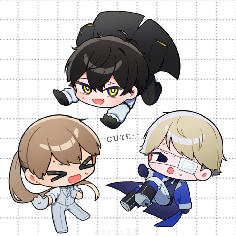 >_<, 3boys, amano_mashiro, black_boots, black_coat, black_gloves, black_hair, black_pants, black_shirt, blonde_hair, blue_coat, blue_gloves, boots, bright_pupils, brown_hair, chibi, chibi_only, coat, collared_shirt, dress_shirt, earrings, eyepatch, fang, gloves, grey_gloves, grey_necktie, grey_pants, grey_suit, grey_vest, griffin_stewart, jewelry, knees_up, kobayashi_luca, long_hair, mitsudomoe_koubou, multiple_boys, necktie, oshi_no_taisetsuna_hito_ni_narikawaru, pants, shirt, sleeves_rolled_up, standing, stud_earrings, suit, very_long_hair, vest, white_necktie, white_pants, white_shirt, yellow_eyes
