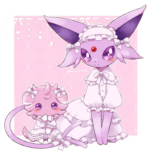 aimi_(aimia492), alternate_color, blush, border, bow, commentary_request, dress, espeon