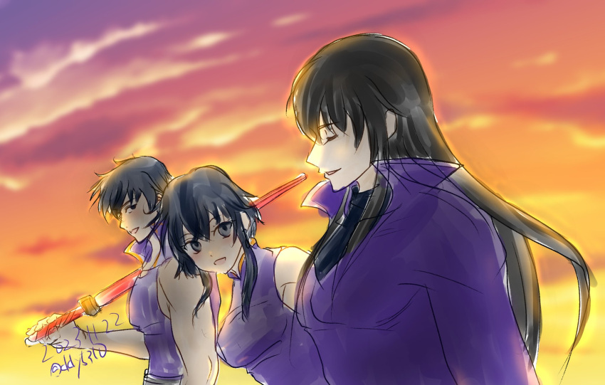 1girl, 2girls, black_hair, breasts, brother_and_sister, closed_eyes, commentary_request, cousins
