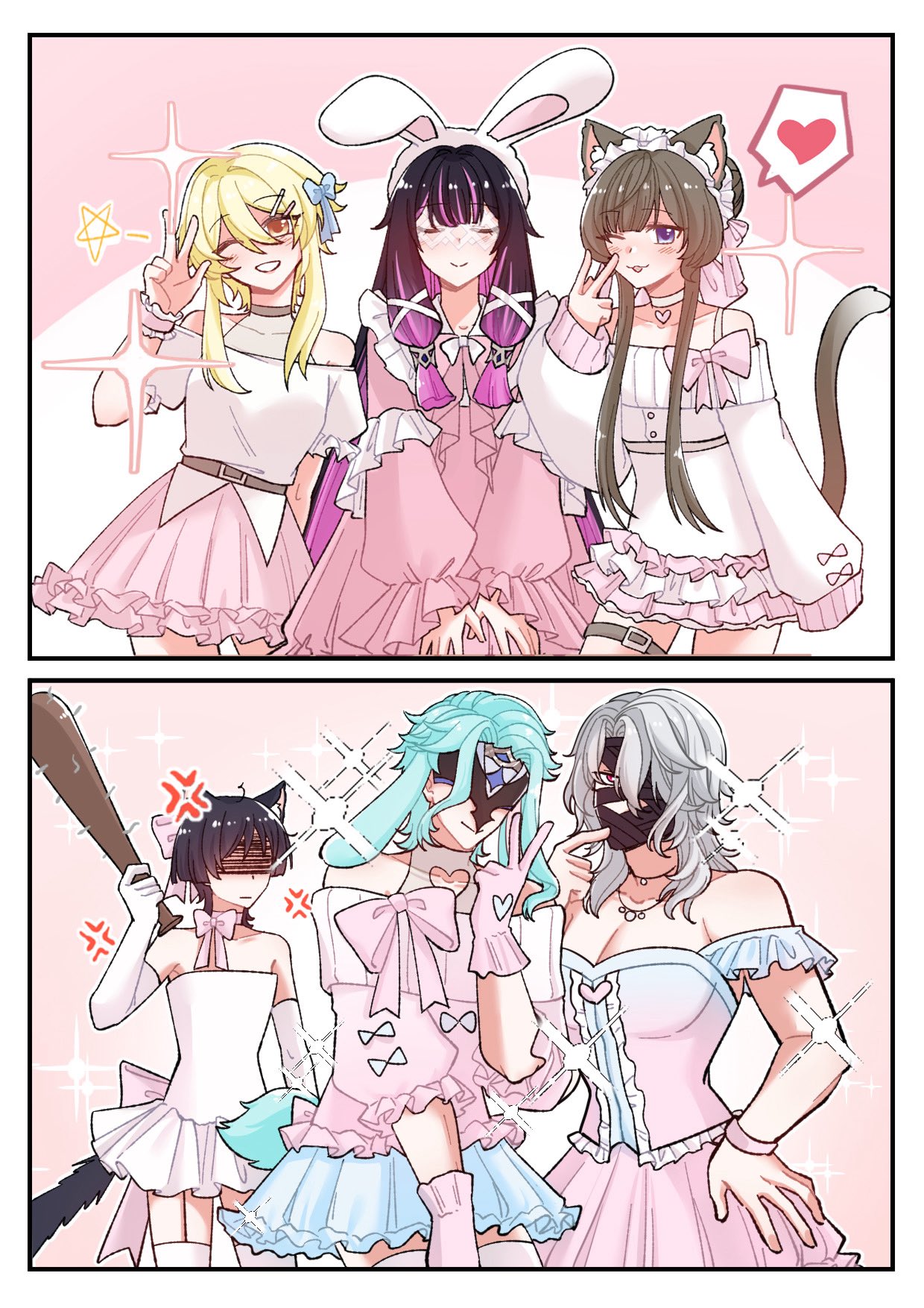 3boys, 3girls, :p, anger_vein, animal_ears, aura, bandage_in_mouth, bandage_on_face
