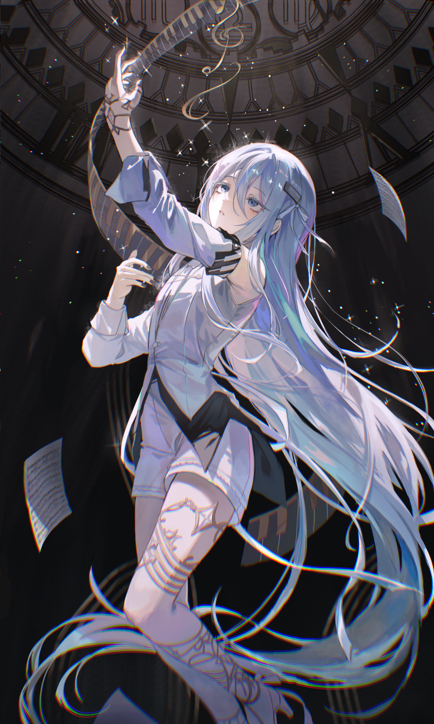 1girl, absurdres, arm_up, armpit_crease, blue_eyes, blue_hair, flat_chest, hair_between_eyes