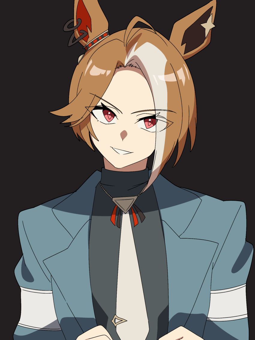 animal_ears, armband, black_shirt, brown_hair, casino_drive_(umamusume), ear_ornament, eyes_visible_through_hair, highres