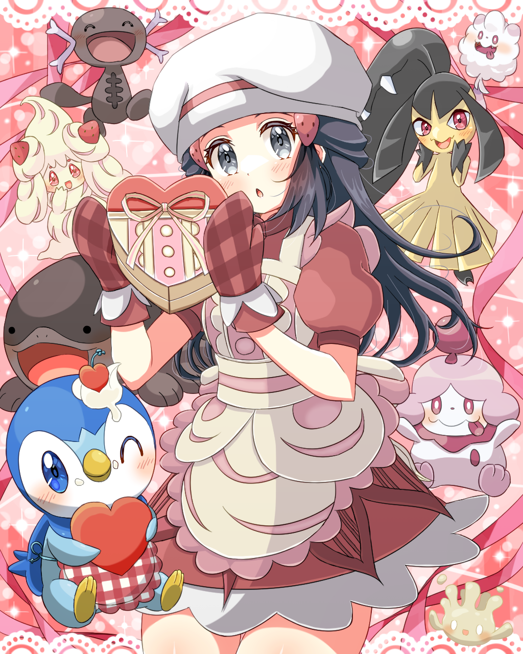 1girl, :o, alcremie, apron, black_hair, blush, clodsire, cocoa_(p_cocoa_f)