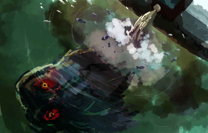 1boy, aoyoru_(bazaaku), colored_sclera, commentary, death, fish, floating, from_above