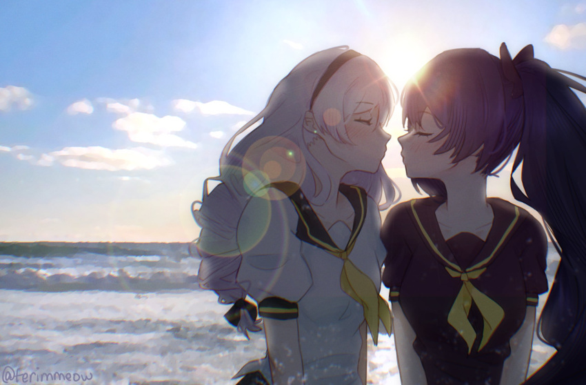 2girls, backlighting, black_hair, black_hairband, black_sailor_collar, black_shirt, closed_eyes, commentary
