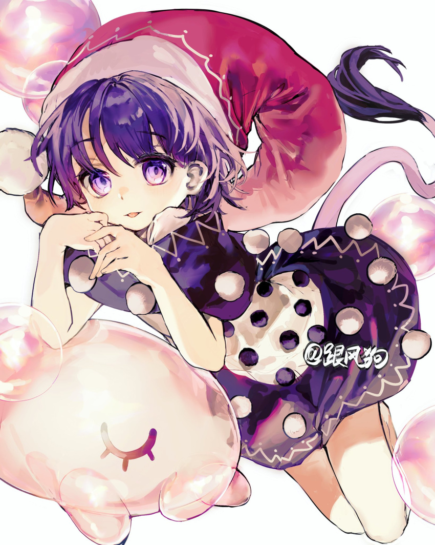 1girl, barefoot, black_capelet, black_dress, capelet, cow_tail, doremy_sweet, dress