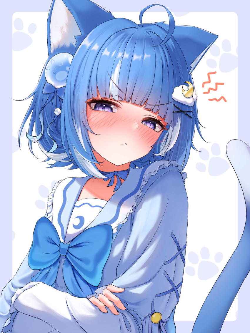1girl, :<, absurdres, ahoge, animal_ears, annoyed, blue_bow, blue_bowtie, blue_ribbon, blue_shirt, blunt_bangs, blush, bow, bowtie, cat_day, cat_ears, cat_girl, cat_tail, cloud_hair_ornament, commentary_request, crescent, crescent_hair_ornament, crossed_arms, frilled_sailor_collar, frills, hair_ornament, hair_ribbon, half-closed_eyes, highres, indie_virtual_youtuber, kumanoaburi, kurageu_roa, looking_at_viewer, multicolored_hair, neck_ribbon, ribbon, sailor_collar, shirt, sidelocks, simple_background, solo, streaked_hair, tail, upper_body, violet_eyes, virtual_youtuber, white_background, white_hair, white_sailor_collar, x_hair_ornament