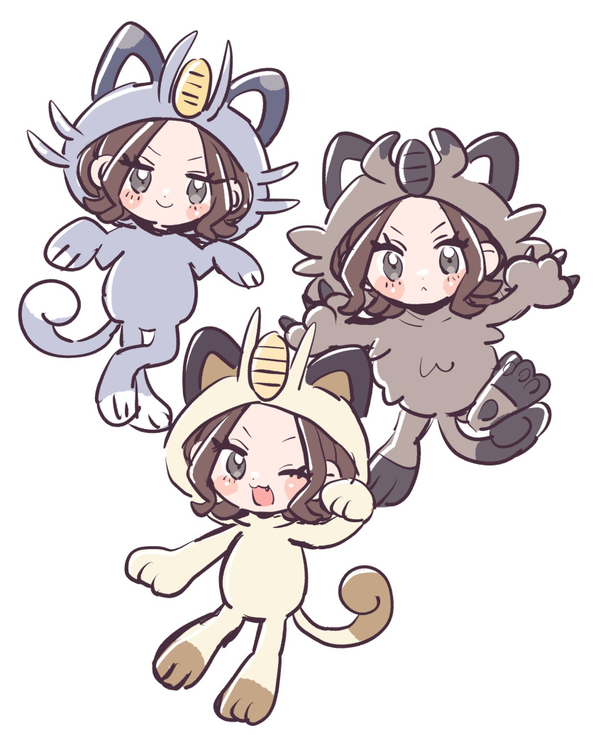 1girl, alolan_meowth, alolan_meowth_(cosplay), blush, brown_hair, closed_mouth, commentary, cosplay, fang, frown, galarian_meowth, galarian_meowth_(cosplay), grey_eyes, harmony_(pokemon), highres, hood, hoodie, kino_haruc, meowth, meowth_(cosplay), multiple_views, one_eye_closed, open_mouth, pokemon, pokemon_legends:_z-a, smile, untranslatable_commentary, white_background