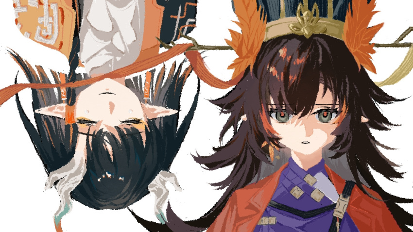 2girls, arknights, black_hair, black_hat, blunt_bangs, blunt_ends, braid, branch, chinese_clothes, chinese_commentary, chun_(arknights), closed_eyes, closed_mouth, commentary_request, dragon_girl, dragon_horns, flipped_hair, grey_eyes, hat, horns, jie_(arknights), long_hair, looking_at_viewer, multicolored_hair, multiple_girls, pointy_ears, rotational_symmetry, short_hair, smile, streaked_hair, upper_body, upside-down, white_background, www09