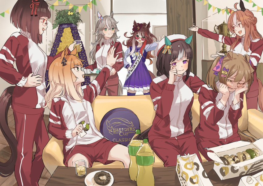 6+girls, bottle, breeders'_cup, brown_hair, commentary_request, copano_rickey_(umamusume), couch, crying