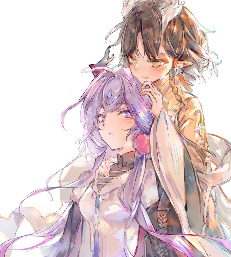 2girls, arknights, black_hair, dragon_girl, dragon_horns, earrings, eyeshadow, head_on_head, head_rest, horns, jewelry, jie_(arknights), jiushi_94, jun_(arknights), long_hair, long_sleeves, looking_at_another, looking_down, makeup, multicolored_hair, multiple_girls, orange_eyeshadow, pointy_ears, pom_pom_(clothes), pom_pom_earrings, purple_hair, shawl, short_hair, siblings, simple_background, sisters, smile, streaked_hair, upper_body, violet_eyes, white_background, wide_sleeves