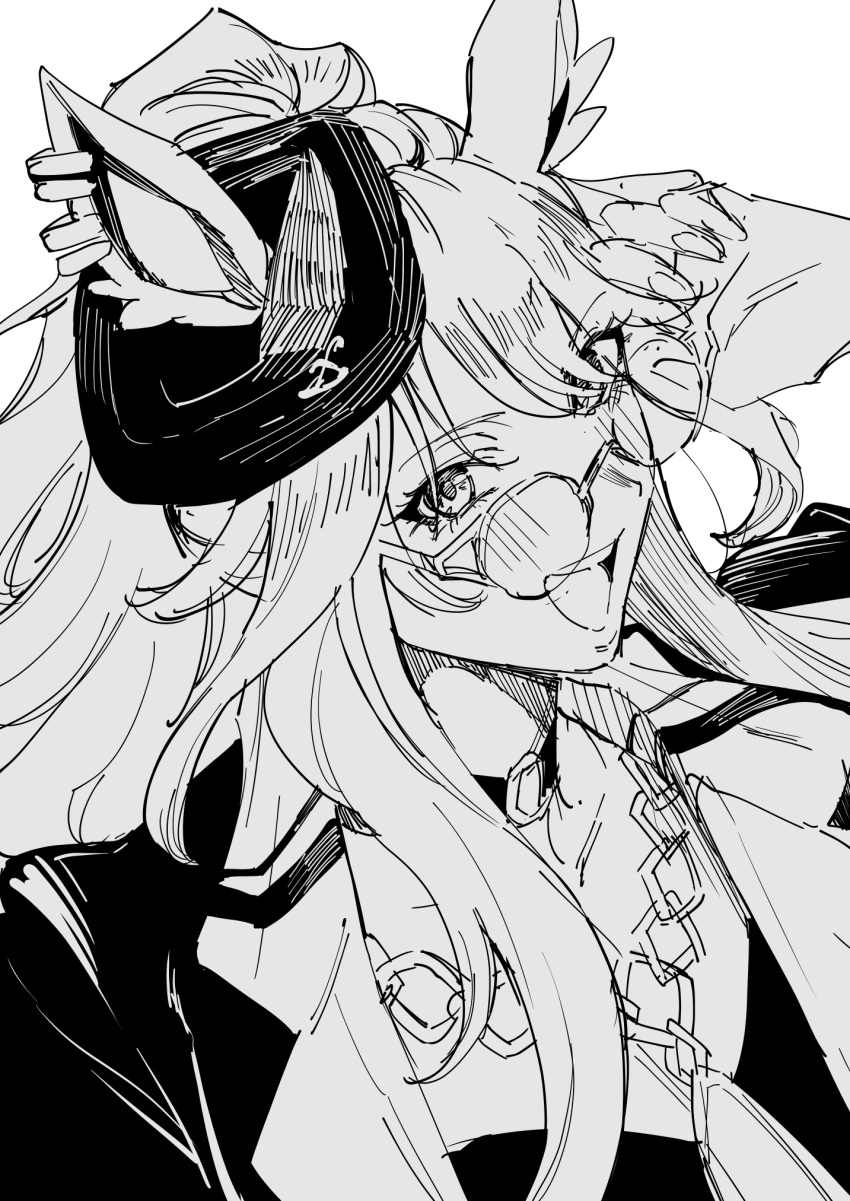 1girl, adjusting_eyewear, chain, choker, commentary, forever_young_(umamusume), glasses, greyscale