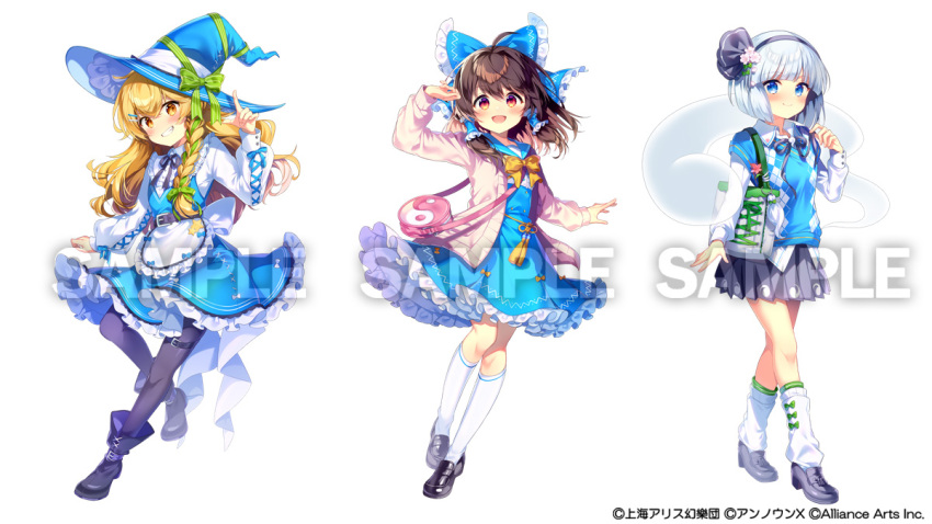 3girls, alternate_color, alternate_costume, apron, bag, belt, black_boots, black_hairband