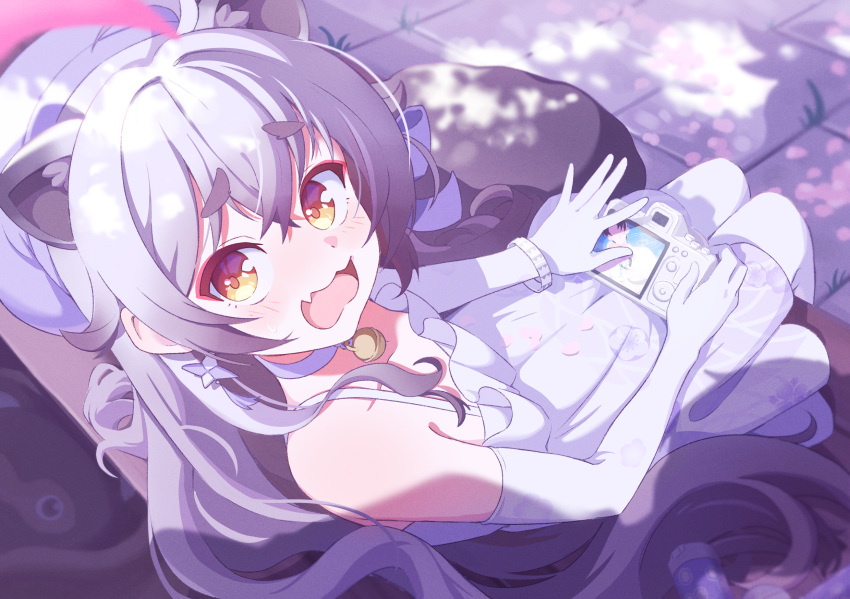 1girl, animal_ears, blue_archive, commentary, dress, elbow_gloves, english_commentary, gloves