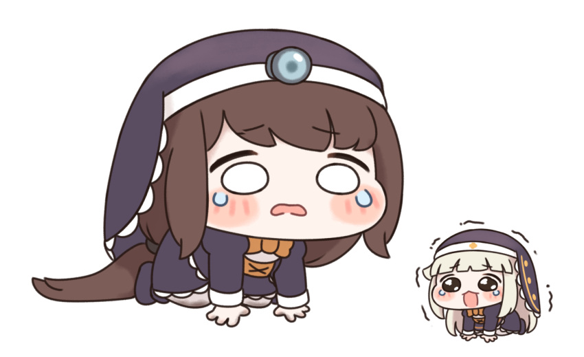 2girls, all_fours, blush_stickers, brown_hair, commentary_request, cosplay, hidden_camera, long_hair, matching_outfits, meme, mini_person, minigirl, multiple_girls, nipruku, ponytail, rohne_(trickcal), solid_oval_eyes, speaki_(trickcal), speaki_(trickcal)_(cosplay), speakiposting_(meme), trickcal, white_background