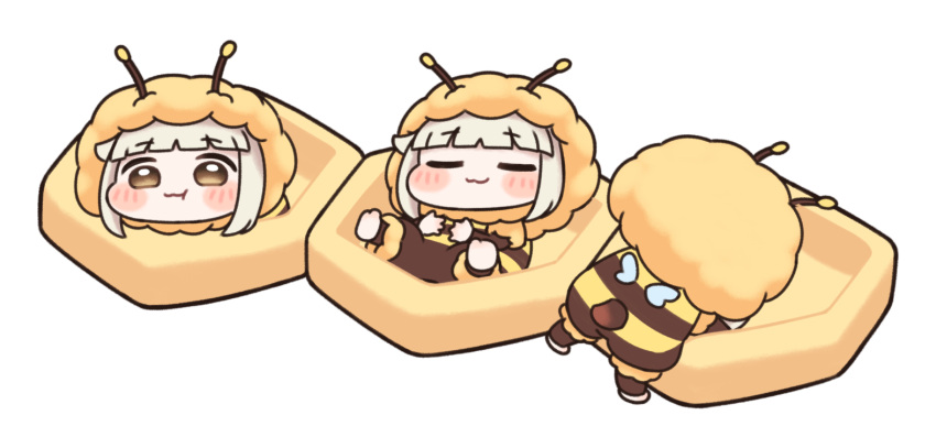 3girls, :3, bee_costume, blush_stickers, brown_eyes, chibi, chibi_only, closed_eyes