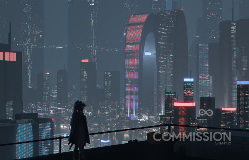 1girl, absurdres, arknights, arms_at_sides, astgenne_(arknights), blue_hair, building, cape
