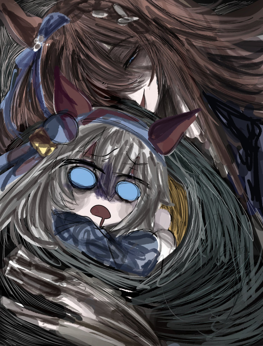 2girls, :o, animal_ears, baby_carry, blank_eyes, blue_eyes, blue_hairband, blue_jacket, blue_ribbon, brown_hair, carrying, evil_smile, grey_hair, hair_ribbon, hairband, highres, holding, horror_(theme), horse_ears, horse_girl, jacket, long_hair, motherly, multiple_girls, open_mouth, pedkung, ribbon, scared, smile, super_creek_(murmuring_stream)_(umamusume), super_creek_(umamusume), tamamo_cross_(fast_as_lightning)_(umamusume), tamamo_cross_(umamusume), umamusume, very_long_hair, yandere