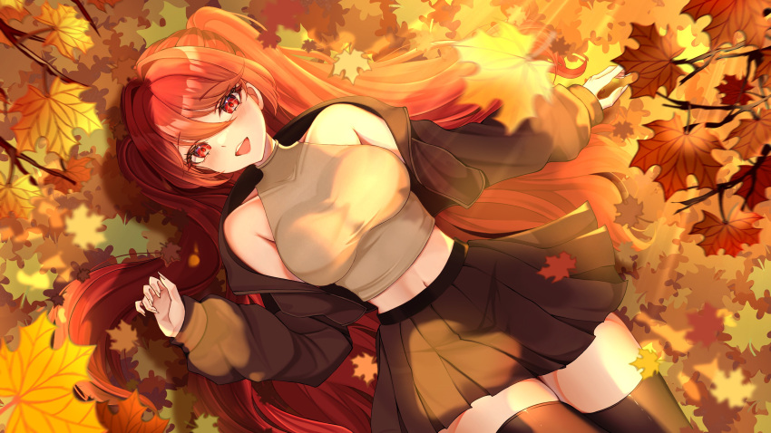 1girl, :d, absurdres, asterstarm, autumn, autumn_leaves, black_jacket, black_shirt, commission, crop_top, fiverr_commission, hair_between_eyes, hand_up, highres, indie_virtual_youtuber, jacket, jacket_partially_removed, leaf, light_rays, long_hair, looking_at_viewer, lying, marry_(vtuber), midriff, navel, on_back, on_ground, open_mouth, red_eyes, red_hair, second-party_source, shirt, sidelocks, skirt, sleeveless, smile, solo, teeth, two_side_up, upper_teeth_only, very_long_hair, virtual_youtuber