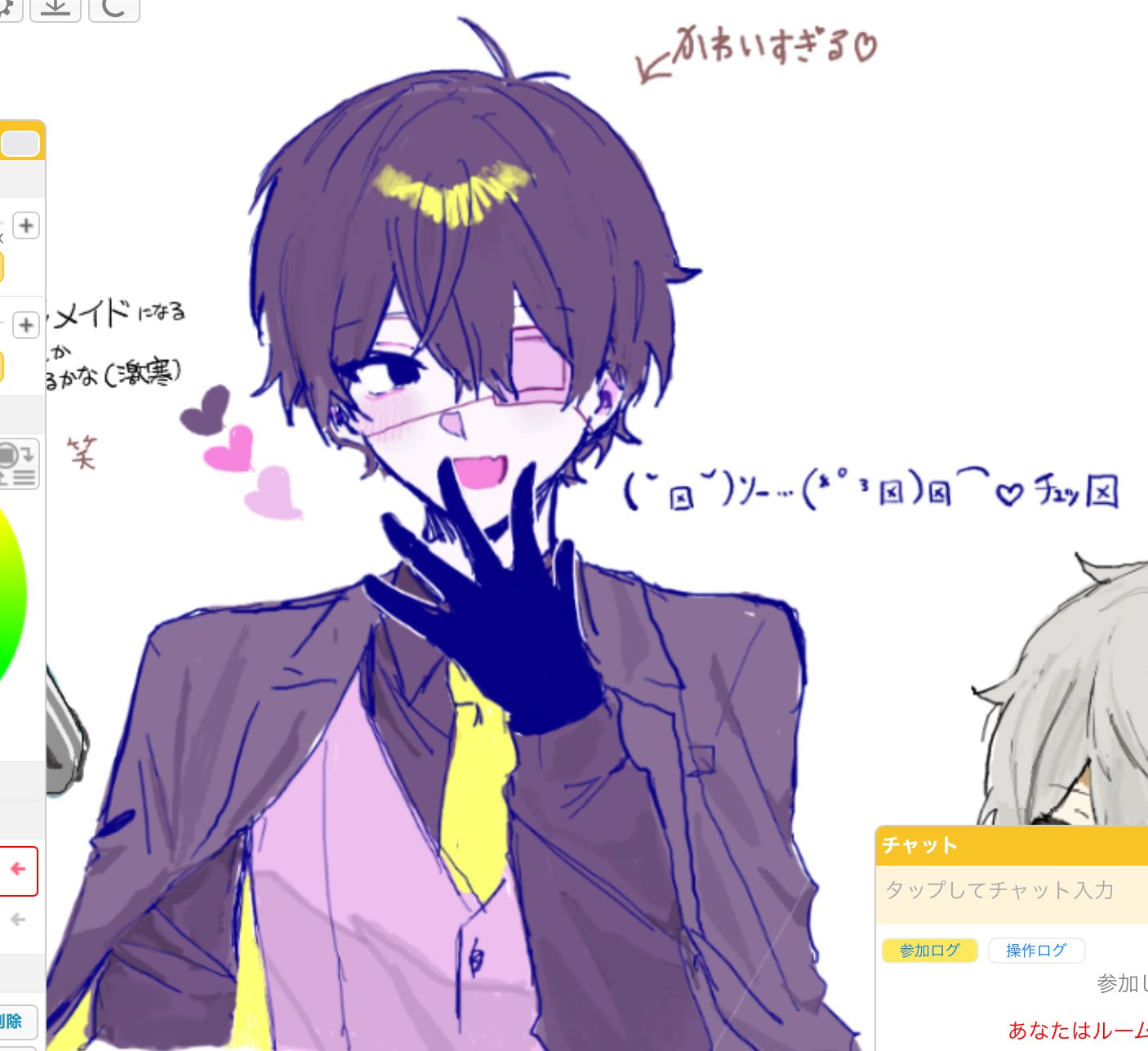 2boys, :d, antenna_hair, art_program_in_frame, black_eyes, black_gloves, black_jacket, black_shirt, blazer, blush, commentary_request, covering_own_mouth, fang, formal_clothes, gloves, grey_vest, hand_over_own_mouth, highres, hyoutenka_30-do_no_zetsubou, jacket, jacket_on_shoulders, kuchinashi_dabi, lapels, looking_at_viewer, multiple_boys, shirt, simple_background, smile, solo_focus, vest, white_background, xmaid_sunx, xx_(mitsudomoe_koubou)
