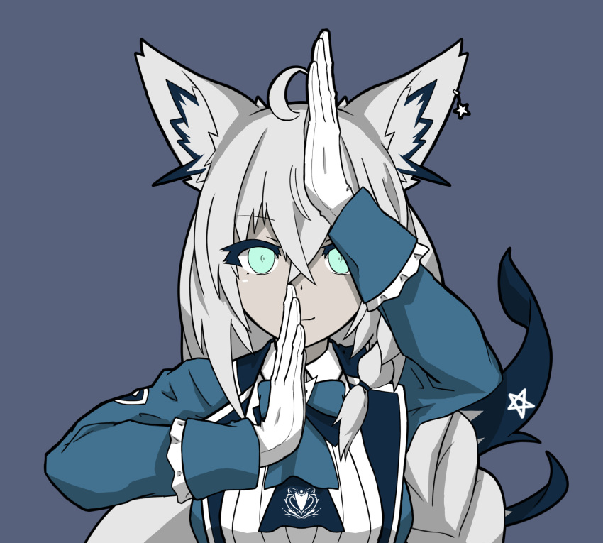 1girl, ahoge, animal_ear_fluff, animal_ears, ascot, braid, commentary_request, deltanine, dissolution_(toshi_densetsu_kaitai_center), earrings, fox_ears, fox_girl, gloves, green_eyes, hair_between_eyes, highres, hololive, jewelry, long_hair, looking_at_viewer, pentagram, shirakami_fubuki, shirakami_fubuki_(parade_dress), sidelocks, single_braid, solo, virtual_youtuber, white_gloves, white_hair