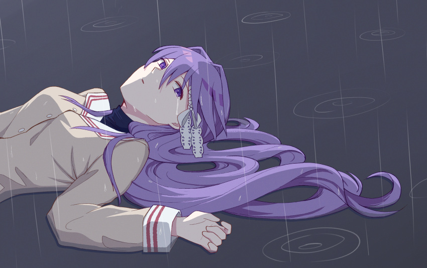 1girl, blazer, blue_shirt, breasts, buttons, clannad, commentary, crying, crying_with_eyes_open, english_commentary, fujibayashi_kyou, hair_between_eyes, hair_intakes, hair_ribbon, hair_spread_out, highres, hikarizaka_private_high_school_uniform, jacket, large_breasts, long_hair, looking_at_viewer, lying, morinoritoriori, nose, on_back, outdoors, parted_lips, purple_hair, rain, ribbon, ripples, sad, sailor_collar, school_uniform, serafuku, shirt, sidelighting, sidelocks, solo, tears, tress_ribbon, turtleneck, turtleneck_shirt, upper_body, very_long_hair, violet_eyes, wet, white_ribbon, white_sailor_collar, yellow_jacket