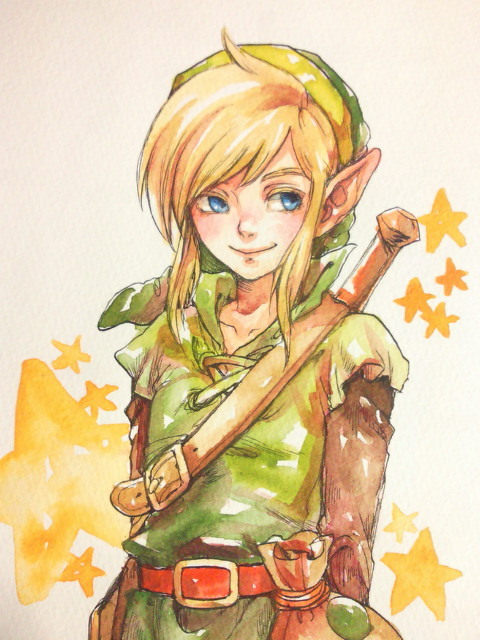 blonde_hair, blue_eyes, buckle, hat, link, male, morito_leaf9, nintendo, pointy_ears, smile, star, the_legend_of_zelda, traditional_media, tunic, watercolor_(medium)