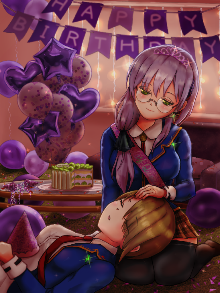 2girls, balloon, birthday_cake, brown_hair, cake, food, glasses, green_eyes, happy_birthday, heaven_burns_red, izumi_yuki_(heaven_burns_red), kayamori_ruka, multiple_girls, party_popper, school_uniform, short_hair, sitting, sleeping, sleeping_on_person, sybilla_(batvb), tiara, wariza, yuri