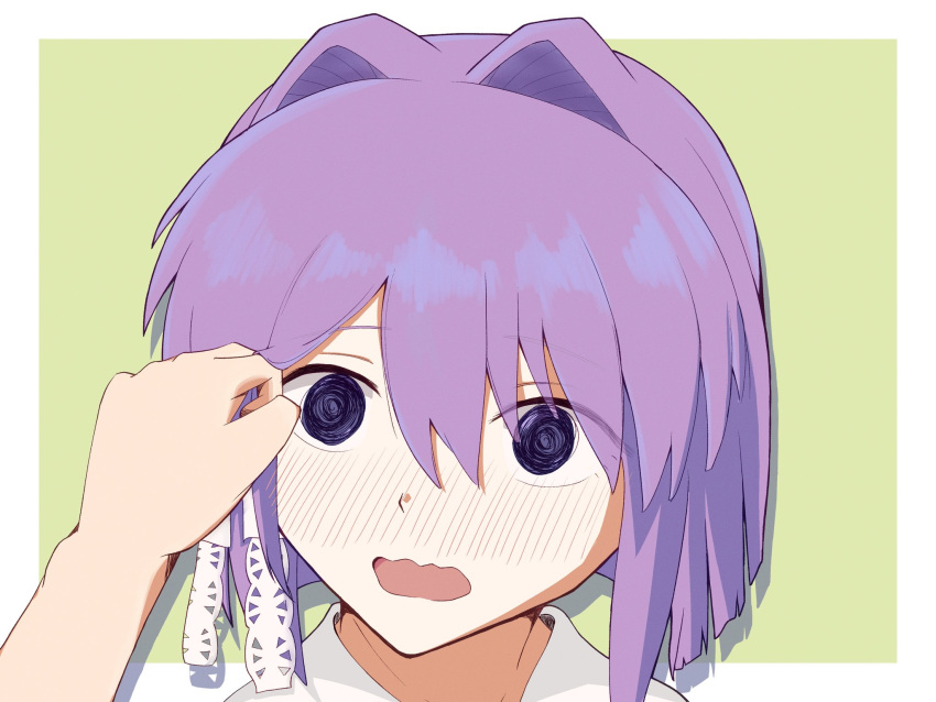 1girl, 1other, @_@, adjusting_another's_hair, blunt_ends, blush, bob_cut, border
