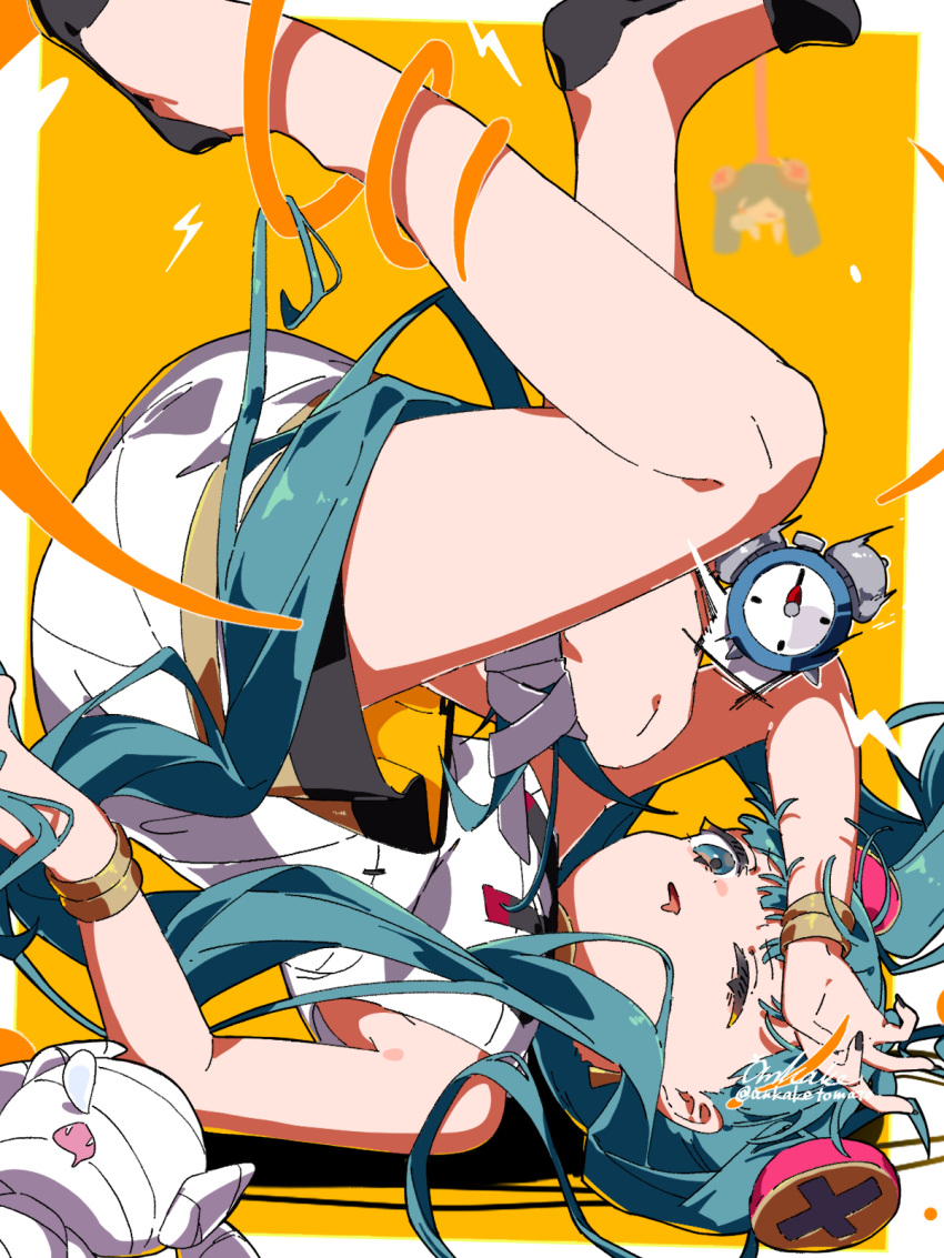 1girl, alarm_clock, ankaketomato, aqua_eyes, aqua_hair, aqua_nails, artist_name, bare_shoulders