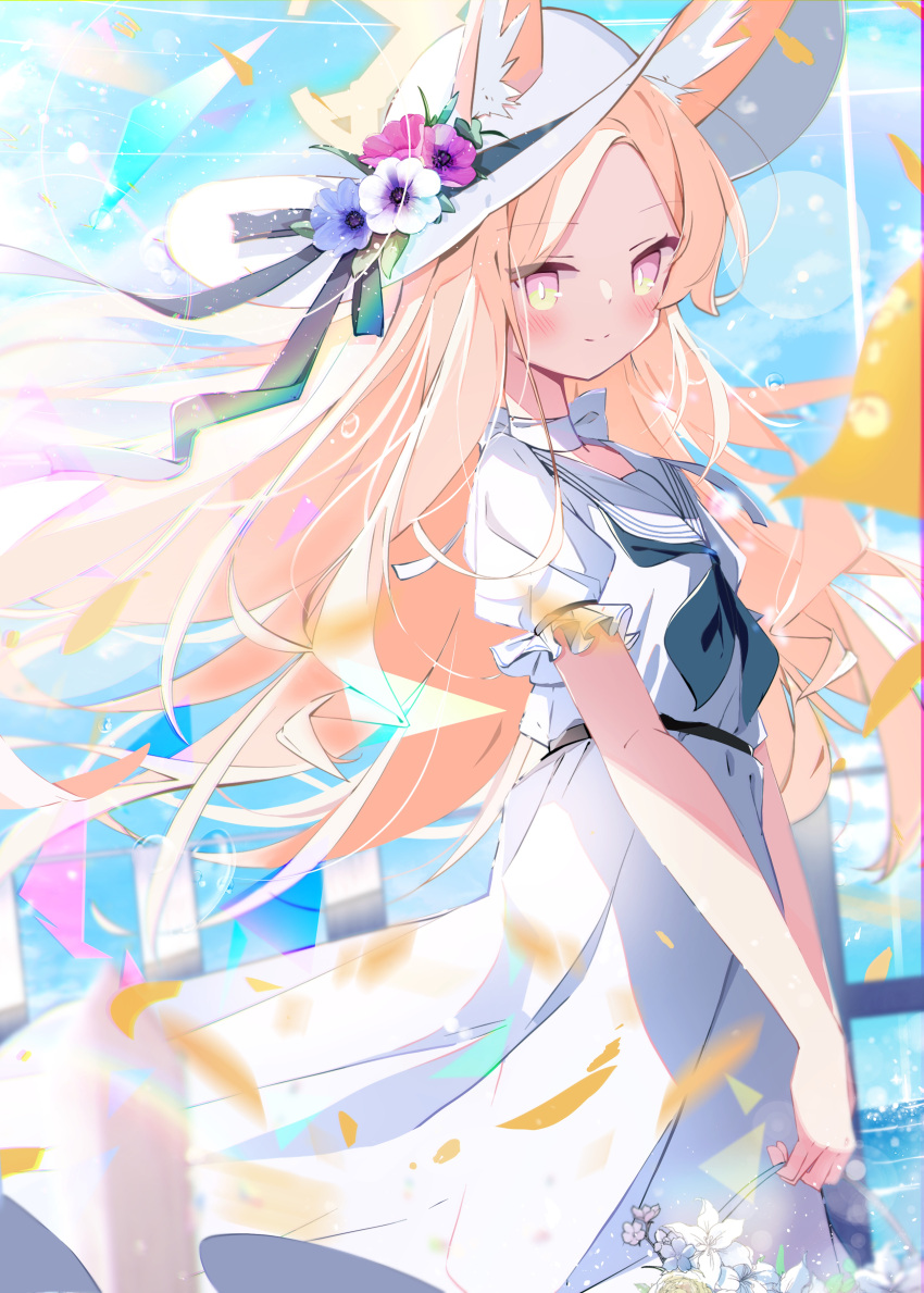 1girl, absurdres, alternate_costume, animal_ears, ayahosiyuki, basket, blonde_hair, blue_archive, blue_neckerchief, blurry, bokeh, choker, commentary_request, day, depth_of_field, dress, ears_through_headwear, falling_petals, floating_clothes, floating_hair, flower, fox_ears, fox_girl, gradient_eyes, hair_flower, hair_ornament, halo, hat, hat_ribbon, highres, holding, holding_basket, light_particles, long_hair, looking_at_viewer, multicolored_eyes, neckerchief, ocean, petals, pink_eyes, puffy_short_sleeves, puffy_sleeves, ribbon, ribbon_choker, sailor_collar, seia_(blue_archive), short_sleeves, sun_hat, sun_hat_ornament, sundress, white_dress, white_sailor_collar, yellow_eyes, yellow_halo, yellow_petals