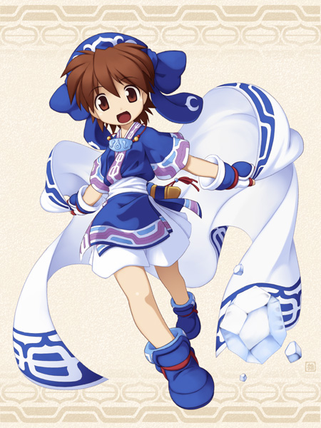 1girl, ainu_clothes, blue_hairband, blue_shoes, brown_eyes, brown_hair, fingerless_gloves, full_body