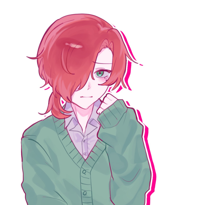 1boy, buttons, cardigan, collared_shirt, commentary_request, dress_shirt, green_cardigan, green_eyes, hair_over_one_eye, hand_up, it_shihonka, looking_at_viewer, low_ponytail, mole, mole_under_eye, one_eye_covered, open_collar, oshi_no_taisetsuna_hito_ni_narikawaru, ponytail, red_hair, sad, shirt, simple_background, solo, tearing_up, tonimura_yui, white_background, white_shirt