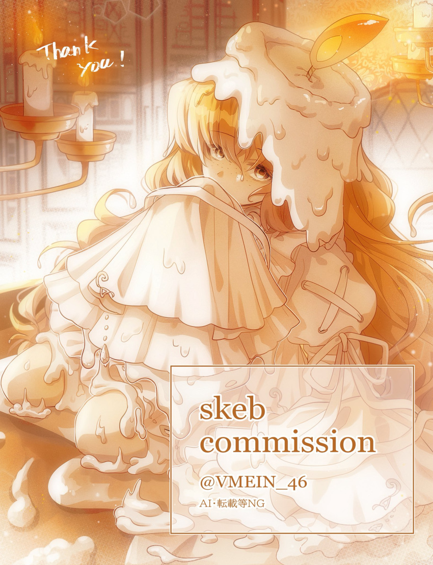 1girl, candle_wax, candlehead, commentary_request, commission, cross-laced_clothes, cross-laced_sleeves, dress, frilled_sleeves, frills, hand_up, highres, indoors, ishmael_(project_moon), juliet_sleeves, limbus_company, long_hair, long_sleeves, looking_at_viewer, misleading_thumbnail, orange_hair, project_moon, puffy_sleeves, ribbon, seiza, sitting, skeb_commission, sleeves_past_fingers, sleeves_past_wrists, solo, very_long_hair, vmein_46, white_dress, white_ribbon