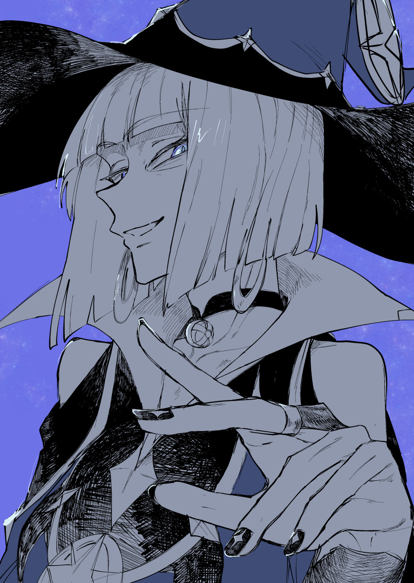 1girl, absurdres, barbeloth_(genshin_impact), bare_shoulders, blue_background, blue_eyes, blue_hat, bob_cut