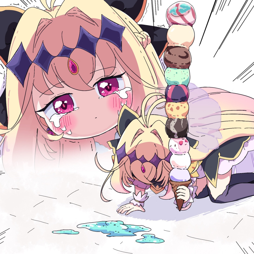 1girl, antenna_hair, black_bow, black_dress, blonde_hair, blush, bow, closed_mouth, commentary, crying, crying_with_eyes_open, cure_arcana_shadow, deformed, diamond_hairband, dot_mouth, dress, dropped_food, emphasis_lines, food, hair_intakes, highres, holding, holding_ice_cream_cone, ice_cream, ice_cream_cone, ice_cream_cone_spill, long_hair, magical_girl, meitantei_precure!, moria_luluka, multiple_scoops, multiple_views, nemuhoshi_nemuiwayo, pink_eyes, precure, prostration, purple_veil, simple_background, solo, tears, thigh-highs, too_many, too_many_scoops, trembling, veil, white_background, white_wrist_cuffs, wrist_cuffs