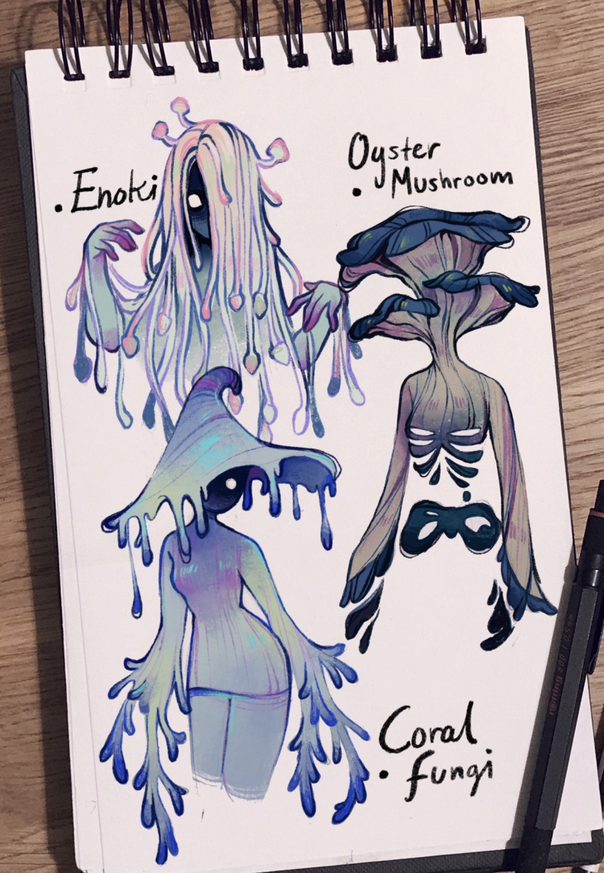 3girls, blank_eyes, coral_fungus, dress, enoki_mushroom, feefal, fungi, ghost