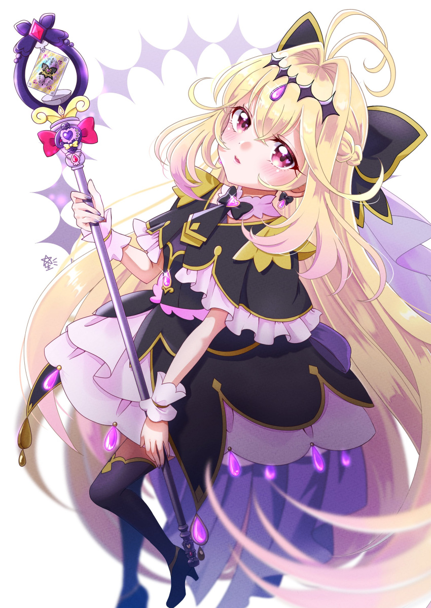 1girl, absurdres, ahoge, antenna_hair, black_dress, black_pantyhose, black_ribbon, blonde_hair